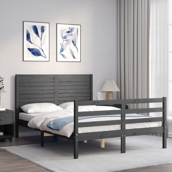vidaXL Massivholzbett mit Kopfteil Grau 140x200 cm