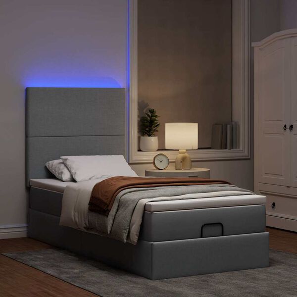 vidaXL Ottoman-Bett mit Matratze & LEDs Hellgrau 100x200 cm Stoff