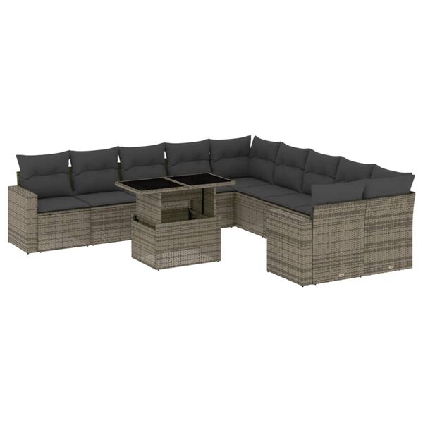 vidaXL 11-tlg. Garten-Sofagarnitur mit Kissen Grau Poly Rattan