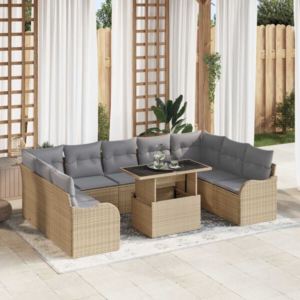 vidaXL Garten-Sofa-Set mit Kissen mit Kissen 10 pcs Beige Poly Rattan