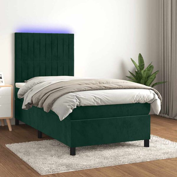 vidaXL Boxspringbett mit Matratze & LED Dunkelgr&uuml;n 90x190 cm Samt