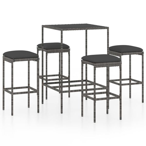 vidaXL 5-tlg. Gartenbar-Set mit Kissen Poly Rattan Grau