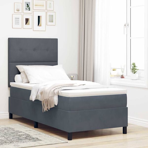 vidaXL LED Boxspringbett mit Matratze Dunkelgrau 90 x 190 cm Stoff