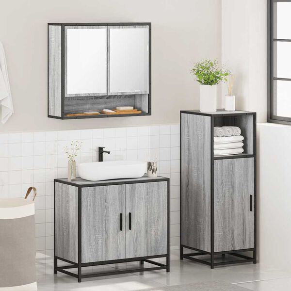 vidaXL 3-tlg. Badm&ouml;bel-Set Grau Sonoma Holzwerkstoff