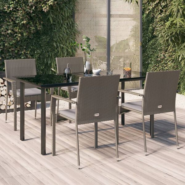 vidaXL 5-tlg. Garten-Essgruppe mit Kissen Schwarz und Grau Poly Rattan
