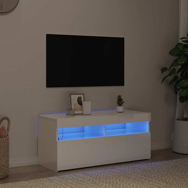 vidaXL TV-Schrank mit LED-Leuchten Hochglanz-Weiß 90x35x40 cm