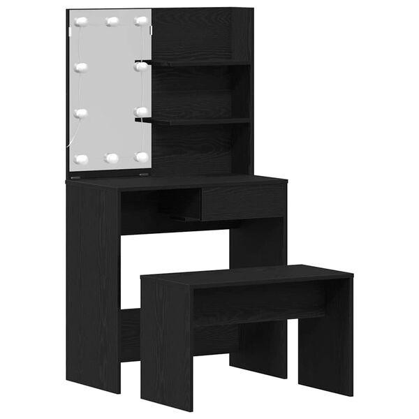 vidaXL LED Schminktisch Set 2 pcs Schwarz Eichen-Optik Holzwerkstoff
