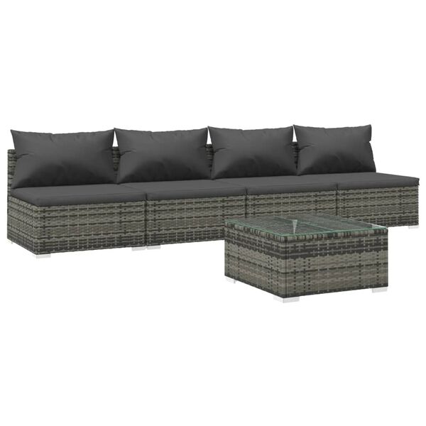 vidaXL 5-tlg. Garten-Lounge-Set mit Kissen Poly Rattan Grau