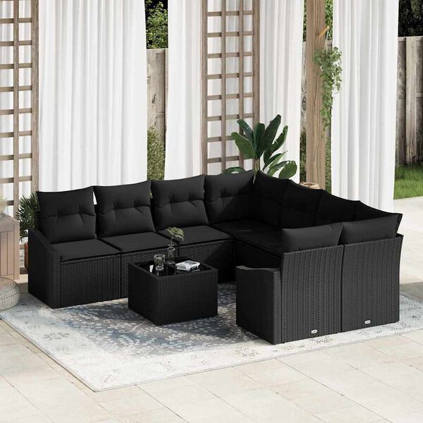 vidaXL Sofa Set mit Kissen mit Kissen 9 pcs Schwarz Poly-Rattan