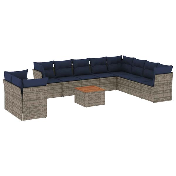 vidaXL 11-tlg. Garten-Sofagarnitur mit Kissen Grau Poly Rattan