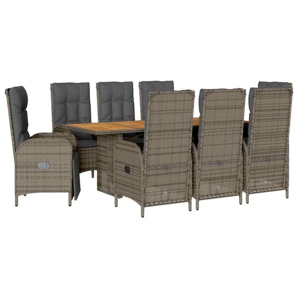vidaXL 9-tlg. Garten-Essgruppe mit Kissen Grau Poly Rattan