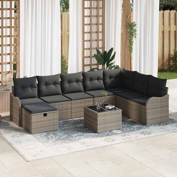 vidaXL Sofa Set mit Kissen mit Speicher 9 pcs Grau Poly-Rattan