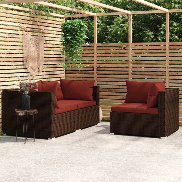 vidaXL 3-tlg. Garten-Lounge-Set mit Kissen Braun Poly Rattan