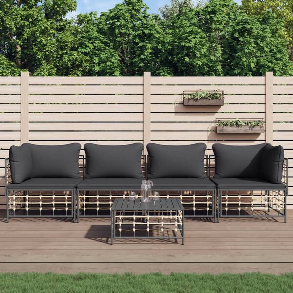 vidaXL 5-tlg. Garten-Lounge-Set mit Kissen Anthrazit Poly Rattan