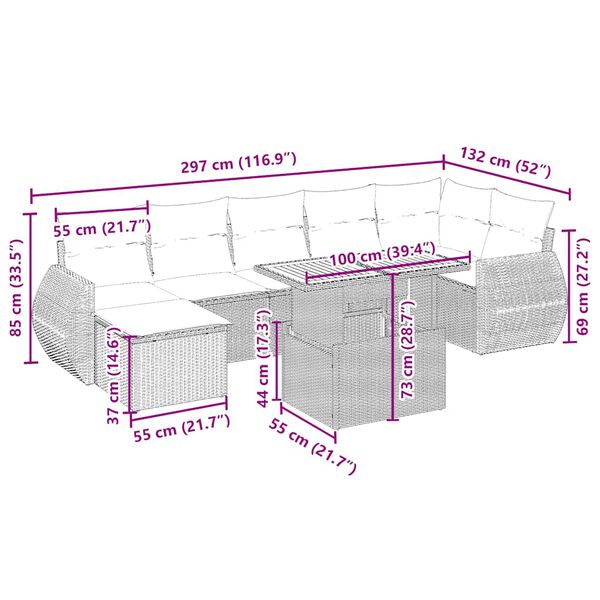 vidaXL 8-tlg. Garten-Sofagarnitur mit Kissen Beige Poly Rattan