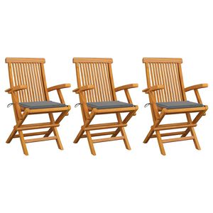vidaXL Klappst&uuml;hle mit grauen Kissen, 3-teilig, Massivholz Teakholz