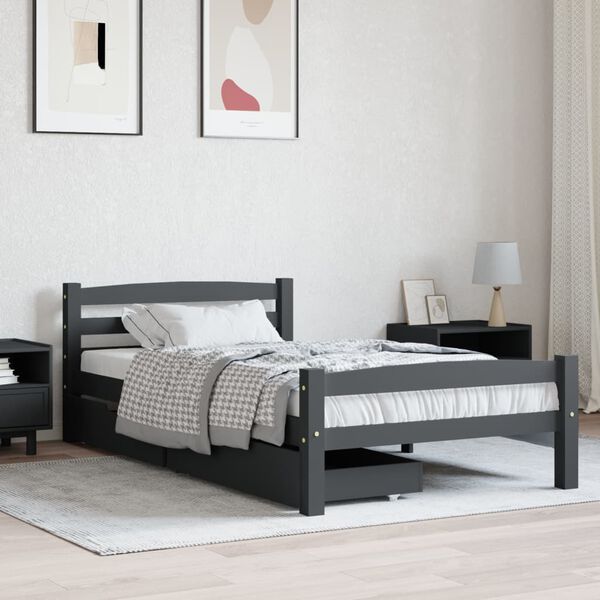 vidaXL Massivholzbett mit 2 Schubladen Dunkelgrau Kiefer 90x200 cm