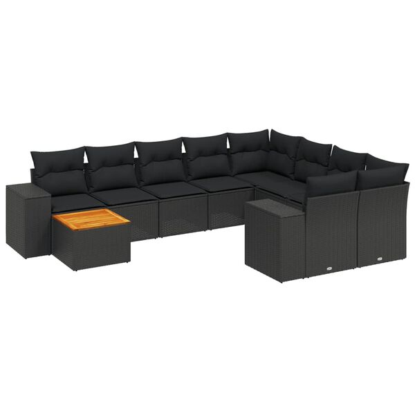 vidaXL 10-tlg. Garten-Sofagarnitur mit Kissen Schwarz Poly Rattan