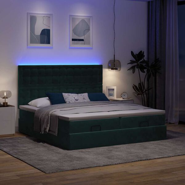 vidaXL Ottoman-Bett mit Matratzen & LEDs Dunkelgr&uuml;n 180x200 cm Samt