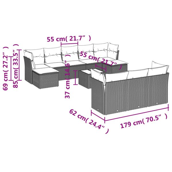 vidaXL 11-tlg. Garten-Sofagarnitur mit Kissen Grau Poly Rattan