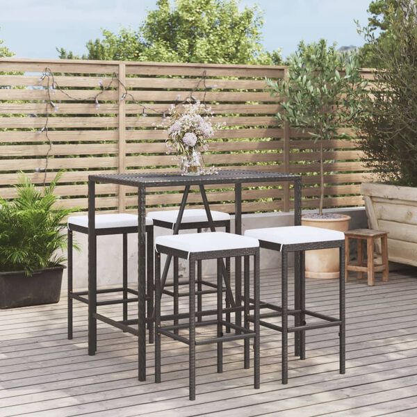 vidaXL 5-tlg. Gartenbar-Set mit Kissen Schwarz Poly Rattan