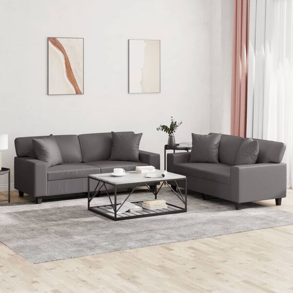 vidaXL 2-tlg. Sofagarnitur mit Kissen Grau Kunstleder