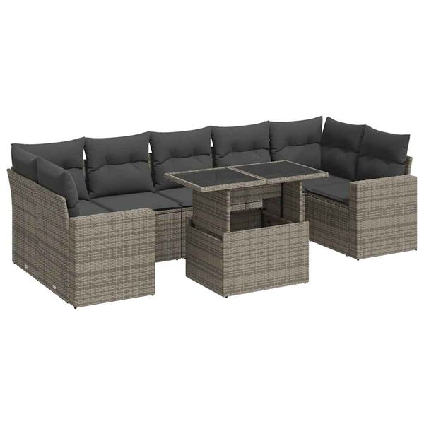 vidaXL 8-tlg. Garten-Sofagarnitur mit Kissen Grau Poly Rattan