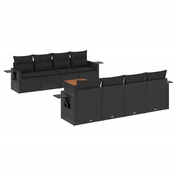 vidaXL 9-tlg. Garten-Sofagarnitur mit Kissen Schwarz Poly Rattan