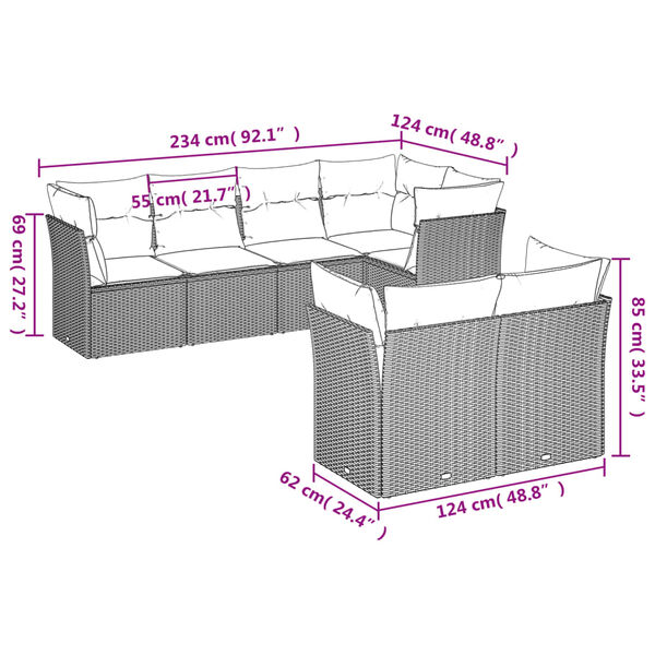 vidaXL 7-tlg. Garten-Sofagarnitur mit Kissen Beige Poly Rattan