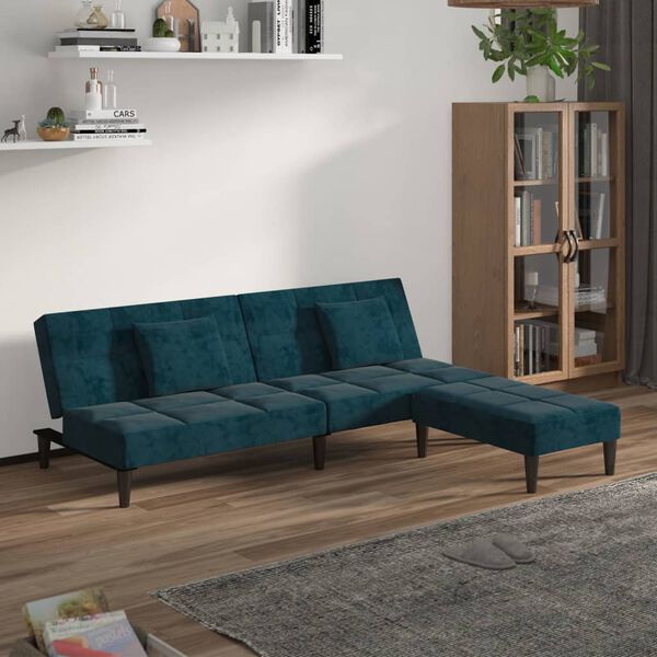 vidaXL Schlafsofa 2-Sitzer mit 2 Kissen & Hocker Blau Samt