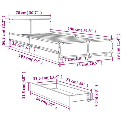 vidaXL Bettgestell mit Schubladen Braun Eichen-Optik 75x190 cm