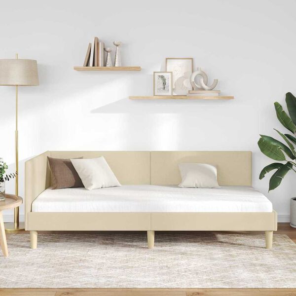 vidaXL Eckbettgestell Creme 100 cm x 200 cm Stoff und Sperrholz