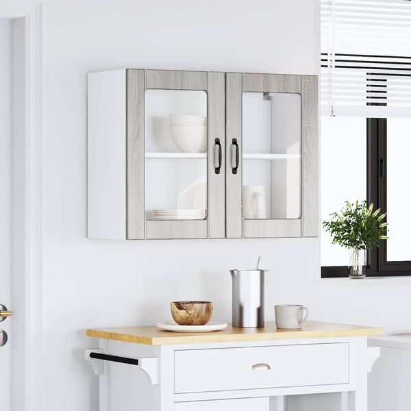 vidaXL K&uuml;chen-H&auml;ngeschrank mit Glast&uuml;r Lucca Grau Sonoma Holzwerkstoff