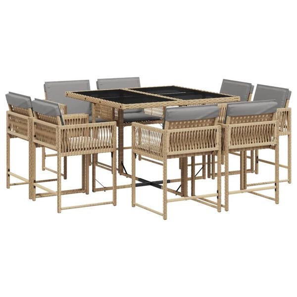 vidaXL 9-tlg. Garten-Essgruppe mit Kissen Beigemischung Poly Rattan
