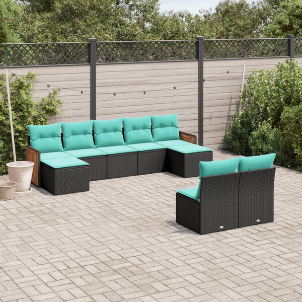 vidaXL 9-teiliges Gartensofa-Set mit Kissen, schwarzes Polyrattan