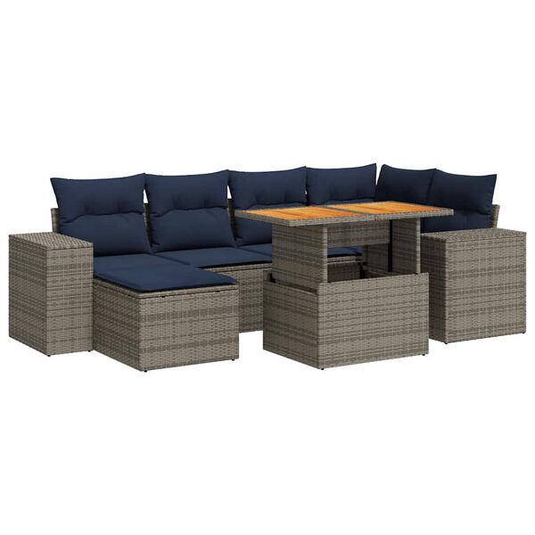 vidaXL 7-tlg. Garten-Sofagarnitur mit Kissen Grau Poly Rattan