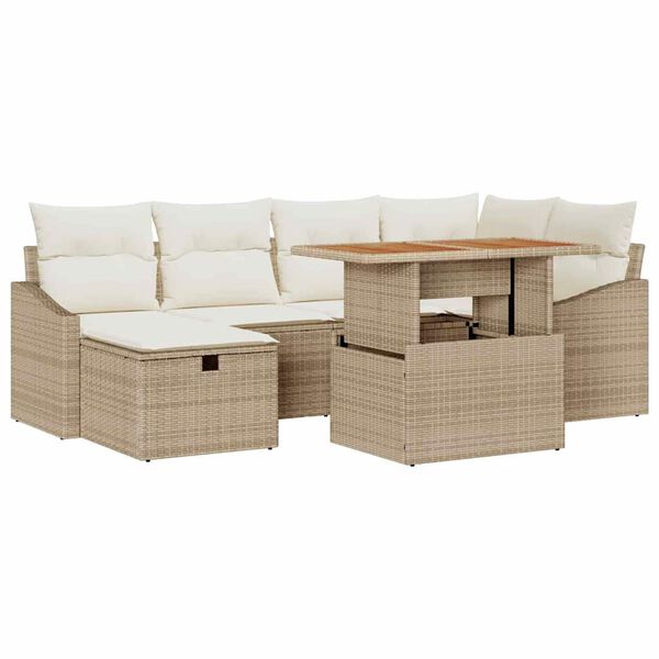 vidaXL Garten-Sofa-Set mit Kissen mit Speicher 7 pcs Beige Poly Rattan