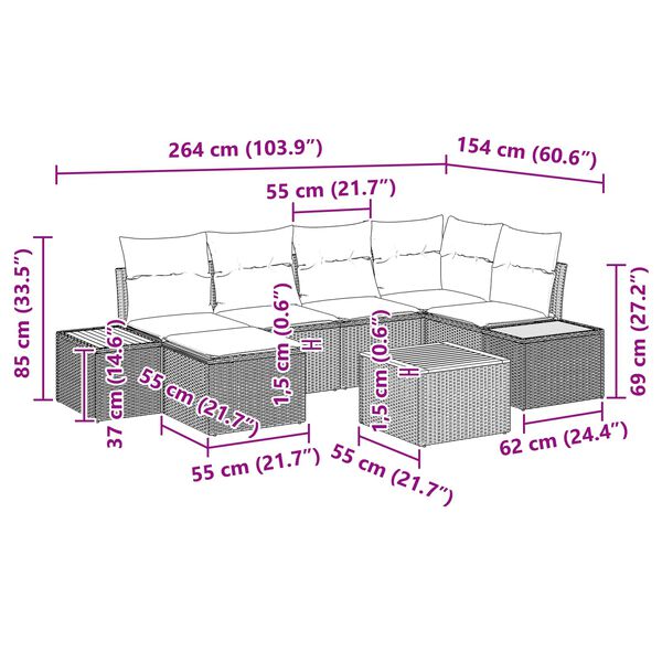 vidaXL Garten-Sofa-Set mit Kissen 7 pcs Schwarz Poly Rattan