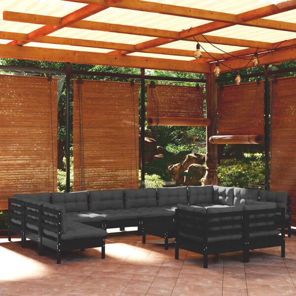 vidaXL 13-tlg. Garten-Lounge-Set mit Kissen Schwarz Kiefernholz