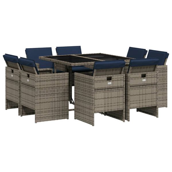 vidaXL 11-teiliges Garten-Ess-Set mit Kissen, grau, Polyrattan