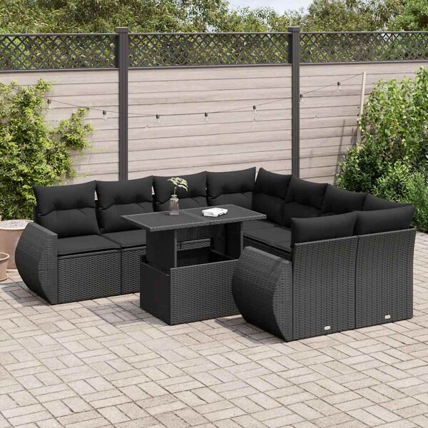 vidaXL 9-tlg. Garten-Sofagarnitur mit Kissen Schwarz Poly Rattan