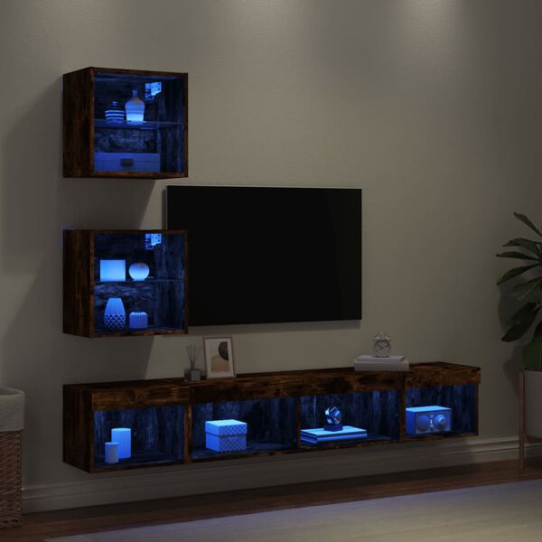 vidaXL 5-tlg. Wohnwand mit LED-Beleuchtung R&auml;uchereiche Holzwerkstoff