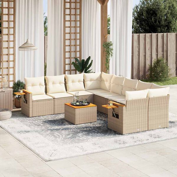 vidaXL 9-tlg. Garten-Sofagarnitur mit Kissen Beige Poly Rattan