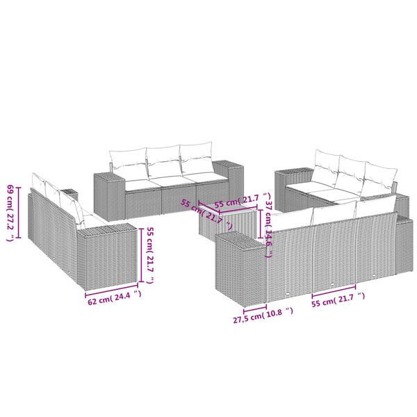 vidaXL 13-tlg. Garten-Sofagarnitur mit Kissen Schwarz Poly Rattan