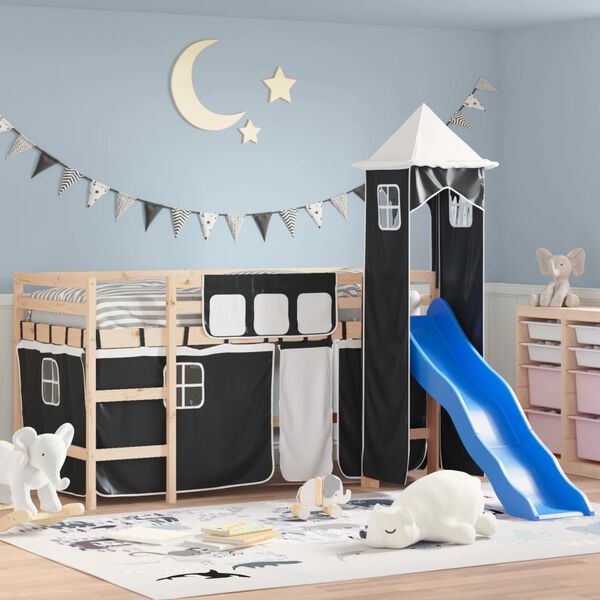 vidaXL Kinderhochbett mit Turm Wei&szlig; & Schwarz 90x200 cm Kiefernholz