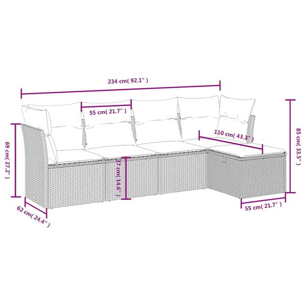vidaXL 5-tlg. Garten-Sofagarnitur mit Kissen Schwarz Poly Rattan