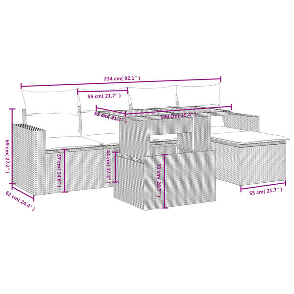 vidaXL 6-tlg. Garten-Sofagarnitur mit Kissen Grau Poly Rattan
