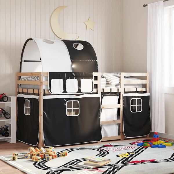 vidaXL Etagenbett mit Vorh&auml;ngen Wei&szlig; Schwarz 90x200 cm Kiefernholz
