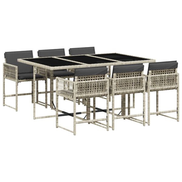 vidaXL 7-tlg. Garten-Essgruppe mit Kissen Hellgrau Poly Rattan