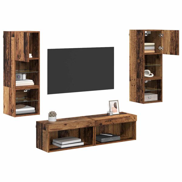 vidaXL TV-Wandm&ouml;bel mit LED-Lichtleisten 6 pcs Altholz Holzwerkstoff